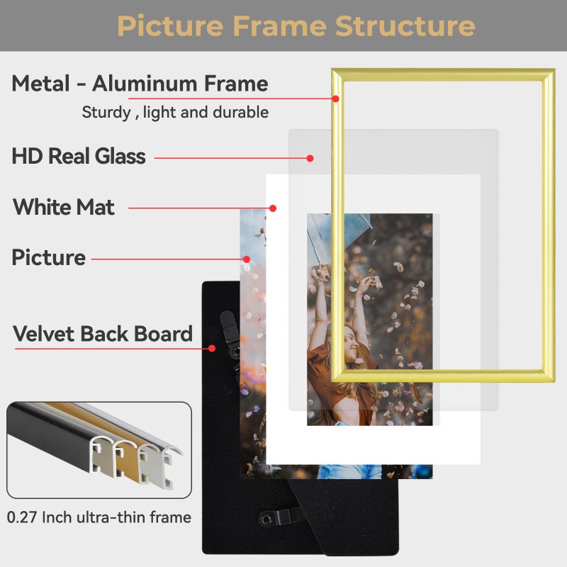 Fkvat 9x12 Picture Frame Set of 1, Matte Gold Modern Thin Aluminum Metal Photo Frame with HD Glass, Fits 6x8 with Mat or 9 x 12 without Mat, for Tabletop and Wall Mounting - Image 4